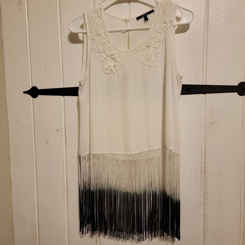 Ligali Fringe Top Sleeveless Summer White Size Medium